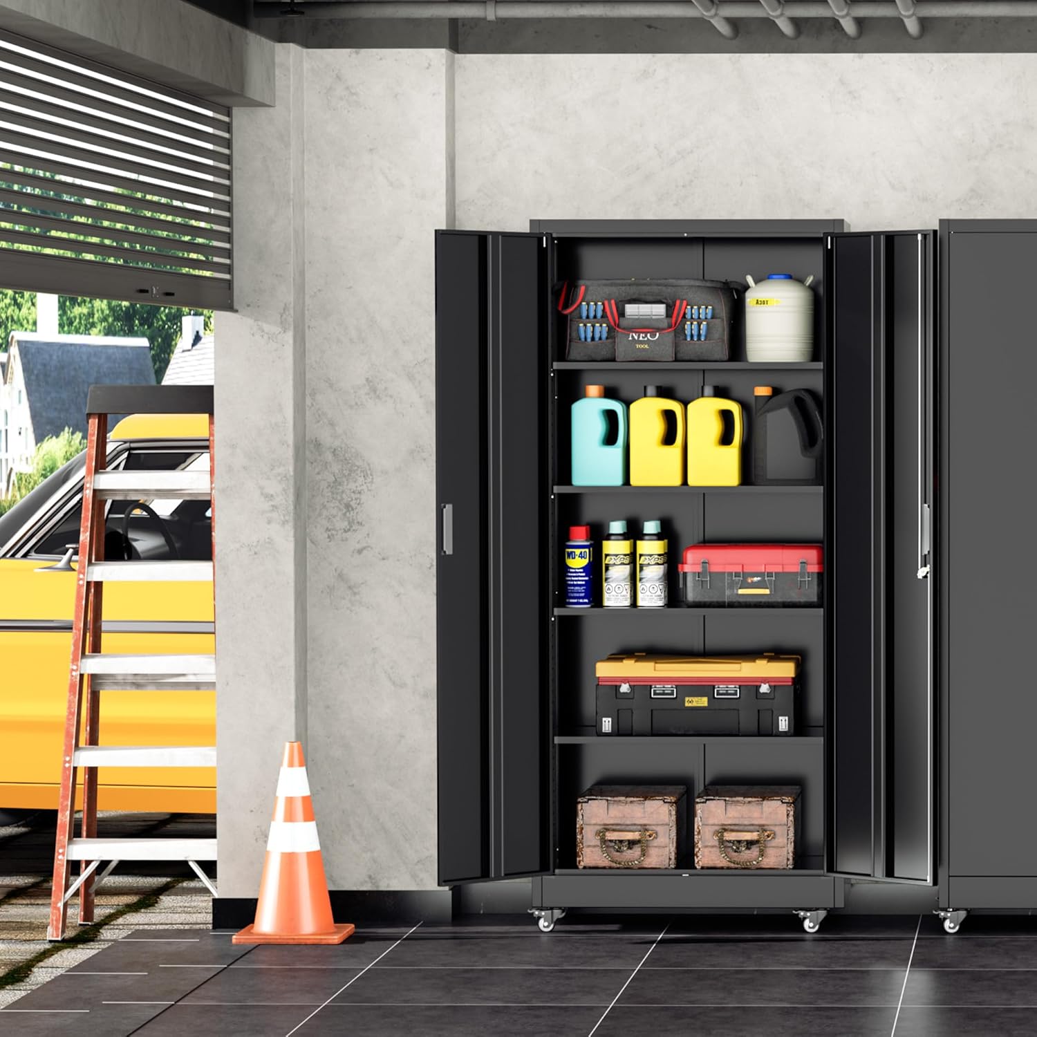 INTERGREAT Metal Storage Cabinet with Wheels, 73' Garage Storage Cabinets with Door and 4 Shelves, Tool Storage Locker on Caster for Home, Office, Black