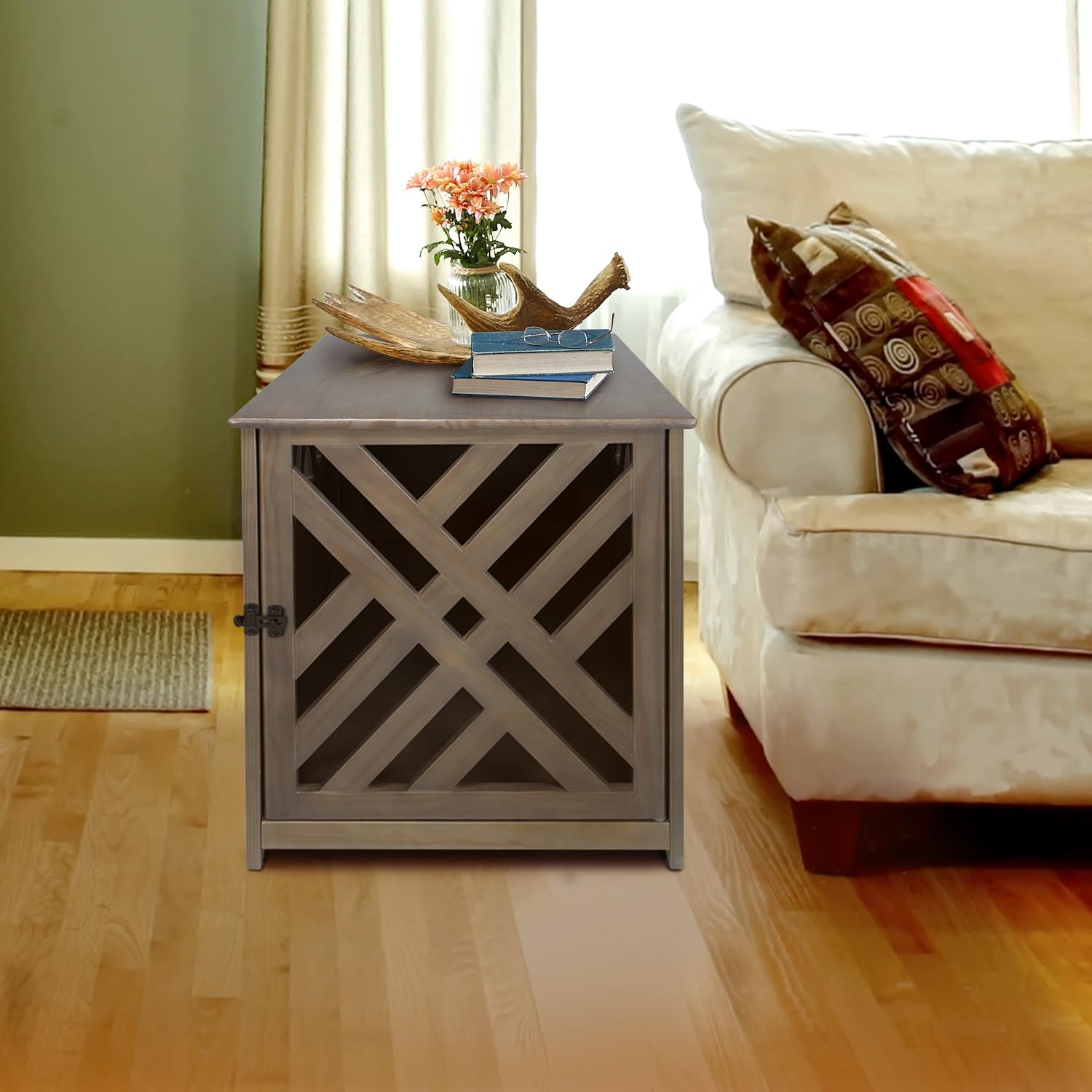 Casual Home Wooden Pet Crate, End Table, Lattice Large, New Taupe Gray