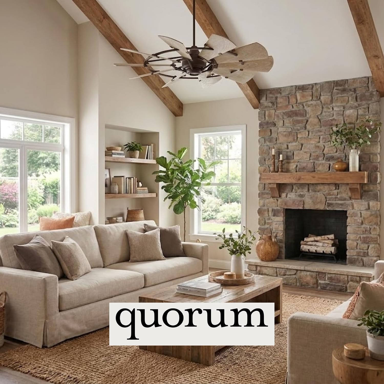 Quorum 94410-86 Windmill 44 Inch Ceiling Fan | 10 Blade Wagon Wheel Design | 6 Speed Reversible DC Motor | Remote Control Included | Dry Rated Ceiling Fan | Weathered Oak Blades | Oiled Bronze Finish