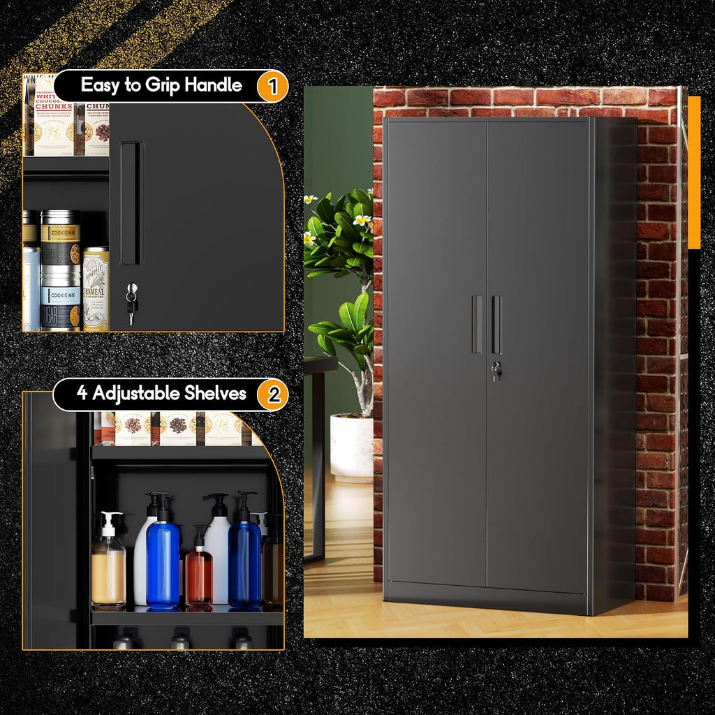 Greenvelly Metal Storage Cabinet with Lock, Steel Garage Storage Cabinet with 2 Doors and Adjustable Shelves, File Organization for Office, Home, Garage, School (Black)