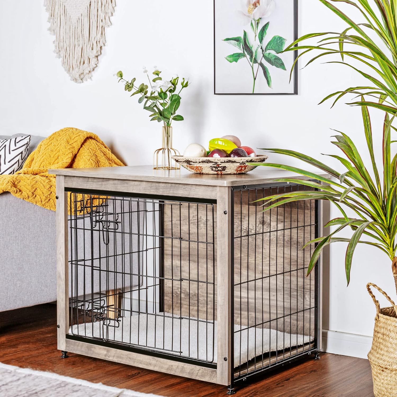 DWANTON Dog Crate Furniture with Cushion, Wooden Kennel Table with Double Doors, Indoor Dog House, Medium Size, 32.5' L, Greige
