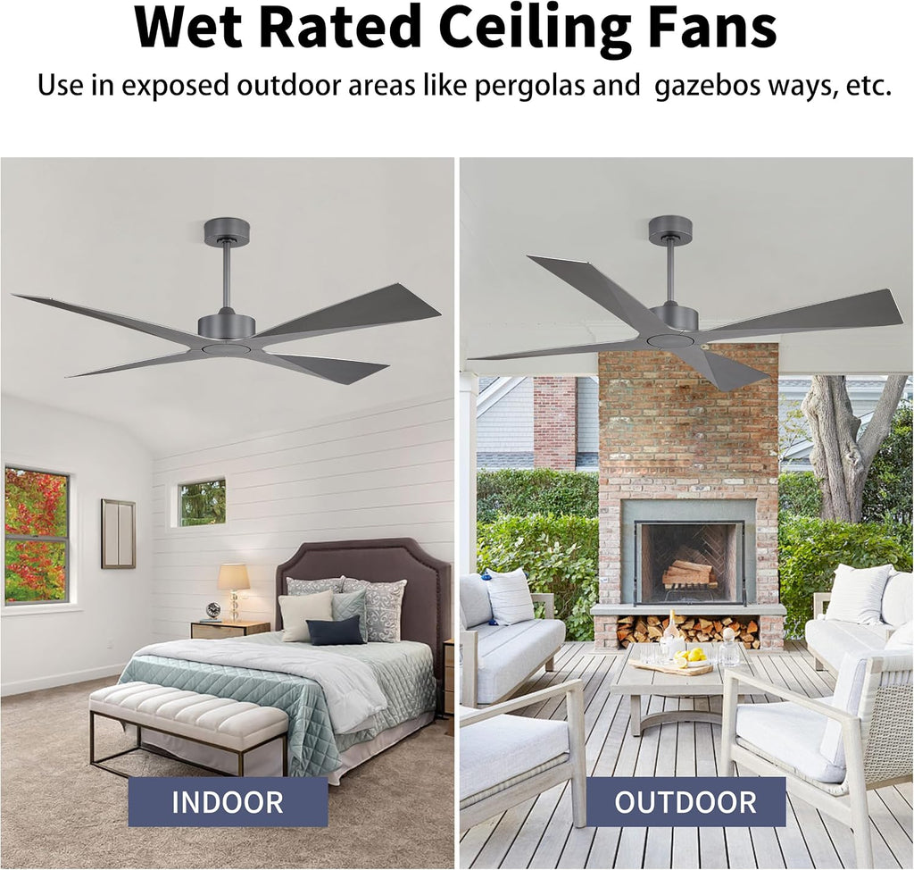 WINGBO 54' Wet Rated Outdoor Ceiling Fan without Lights, 4 ABS Plastic Blades, 6-Speed Reversible Quiet DC Motor, Waterproof Ceiling Fan No Lights for Patio Porch Gazebo Garage, Brushed Graphite