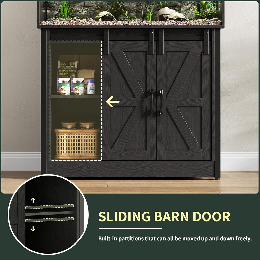 Herture 40 Gallon Reptile Terrarium with Stand, Reptile Tank with Barn Door and Storage, Vivarium with Acrylic Doors, Ventilated Mesh Top & Power Outlet, for Geckos, Lizards, Snakes Black PX06RTB