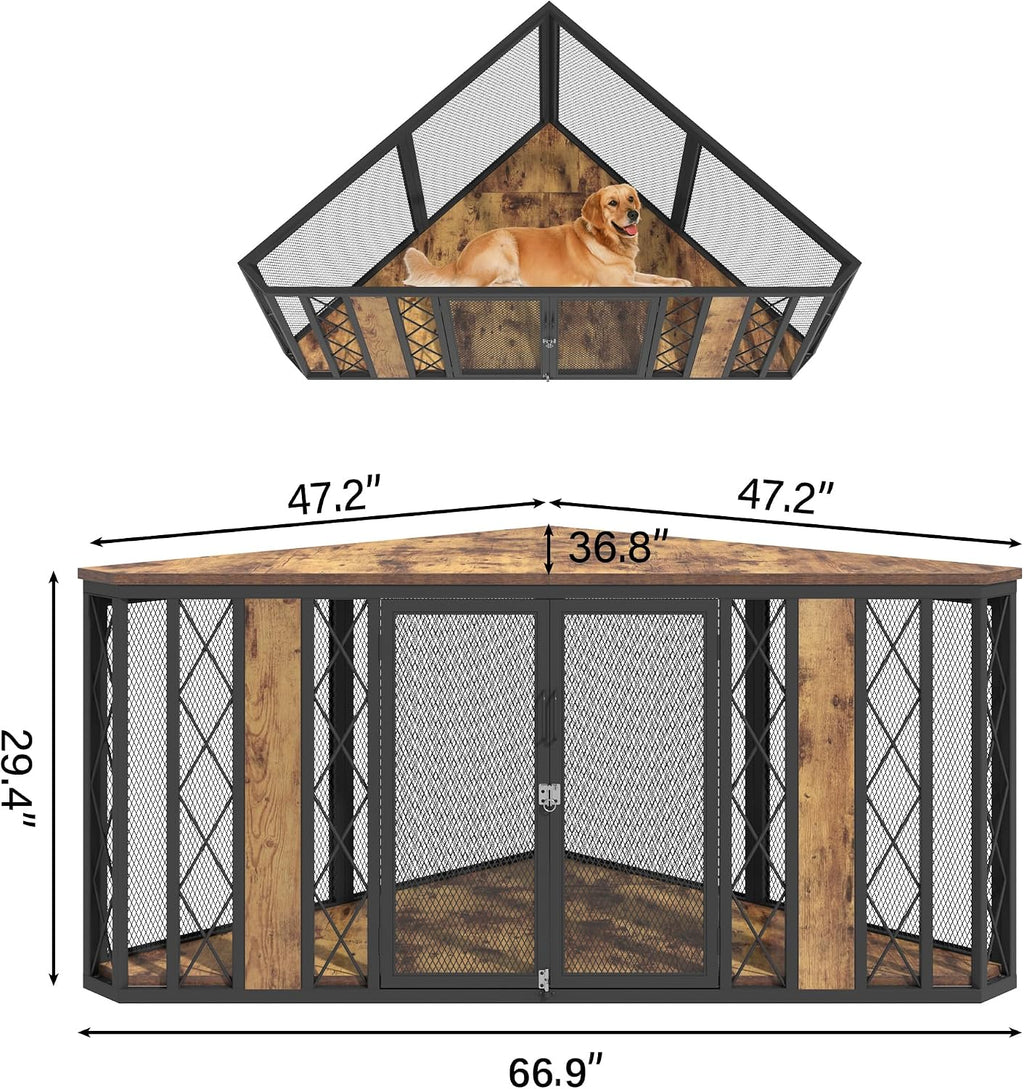 kepptory 67' Corner Wooden Dog Crate Furniture with Diamond Metal Decoration, Pet Kennel for Small, Medium and Large Dogs, Space-Saving Dog Cage for TV Stand(Brown)