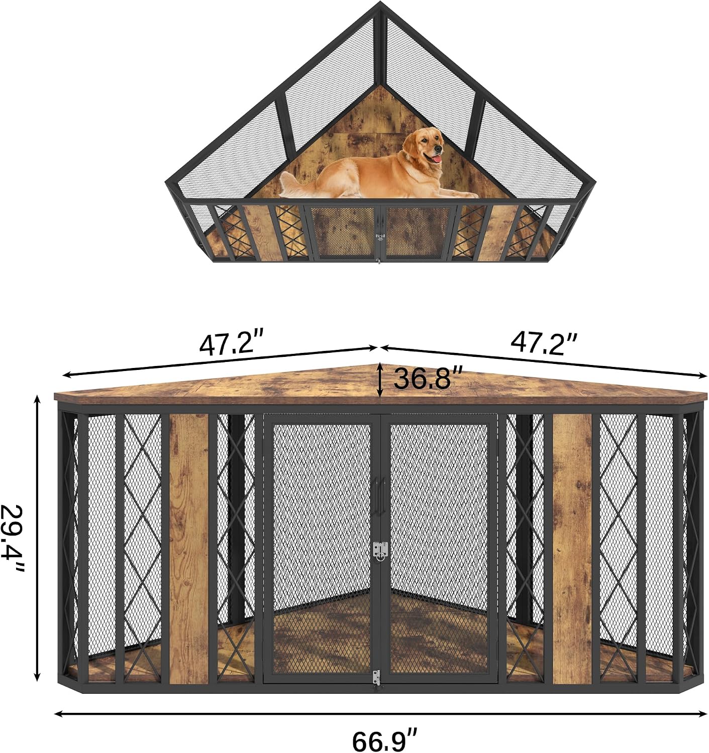 kepptory 67' Corner Wooden Dog Crate Furniture with Diamond Metal Decoration, Pet Kennel for Small, Medium and Large Dogs, Space-Saving Dog Cage for TV Stand(Brown)
