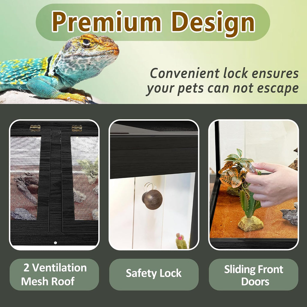 PROLEE Bearded Dragon Tank 30 Gallon, Tempered Glass Reptile Tank with Meatl Mesh Roof and Front Sliding Door, Anti-Scratch Lizard Tank,Spacious Reptile Enclosure for Snakes,Lguanas (Black)
