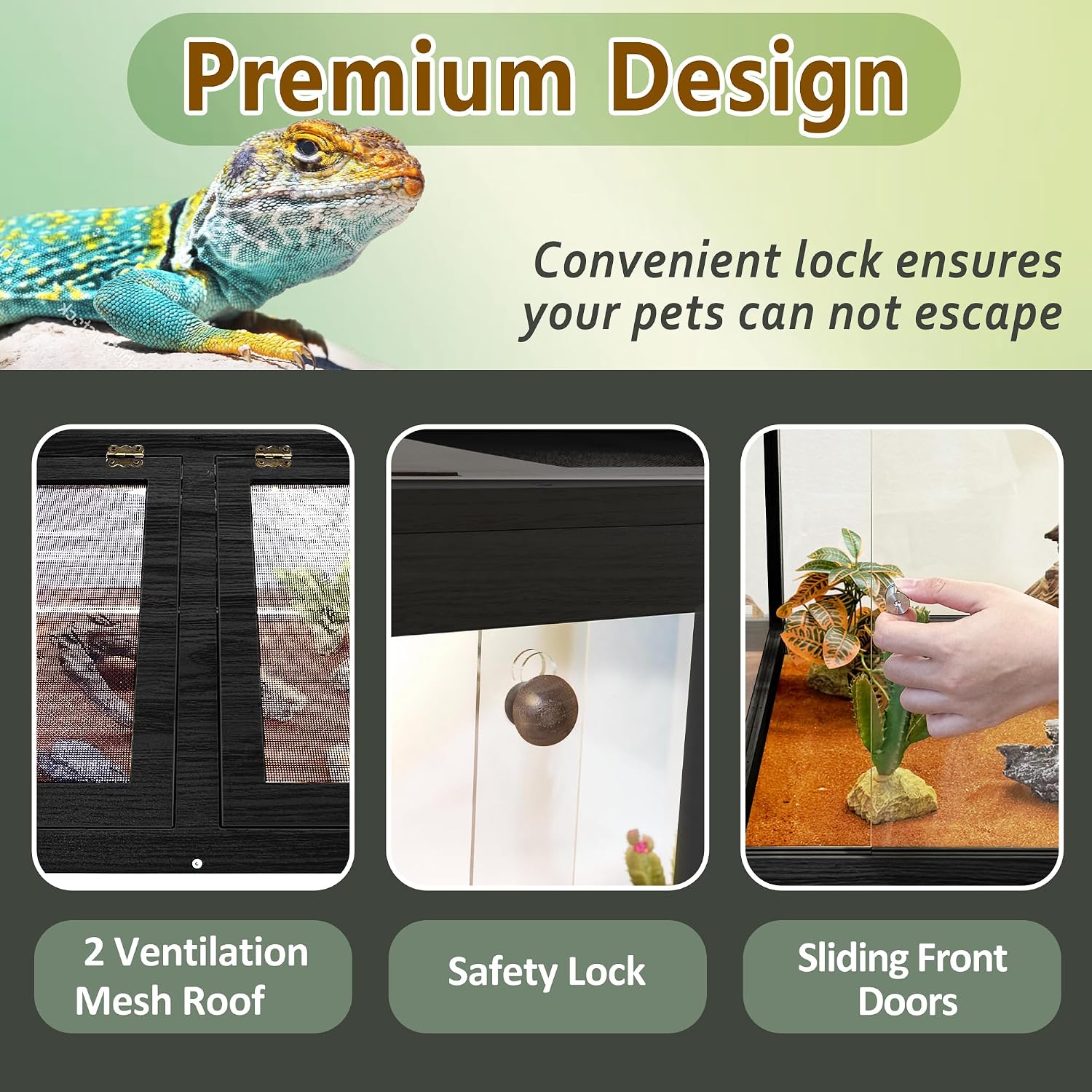 PROLEE Bearded Dragon Tank 34 Gallon, Tempered Glass Reptile Tank with Meatl Mesh Roof and Front Sliding Door, Anti-Scratch Lizard Tank, Spacious Reptile Enclosure for Snakes,Lguanas (Black)