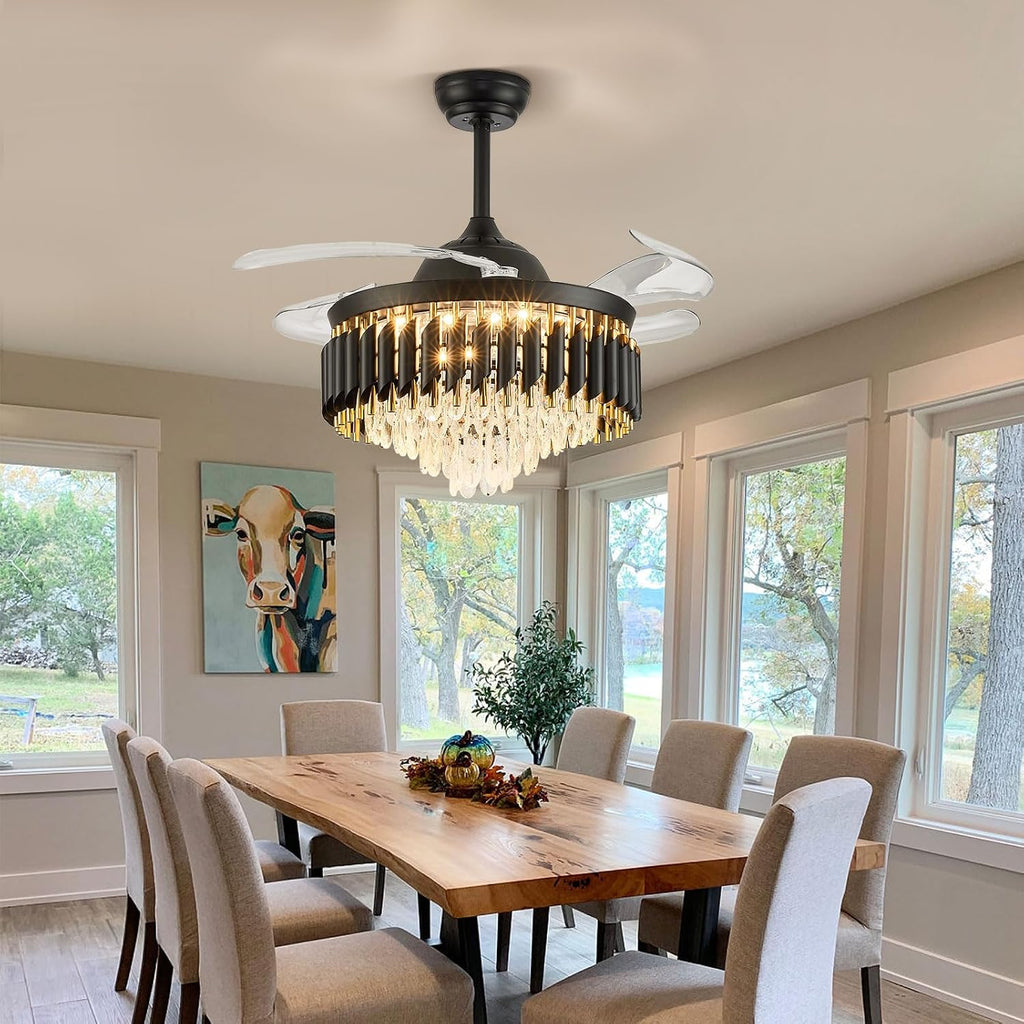 42' Black Ceiling Fan with Lights and Remote, Dimmable LED Fan Light, 4-Blade Modern Fandelier, Quiet Reversible Motor, 6 Speeds Timer, PC Blades for Bedroom Living Room Kitchen Dining Room