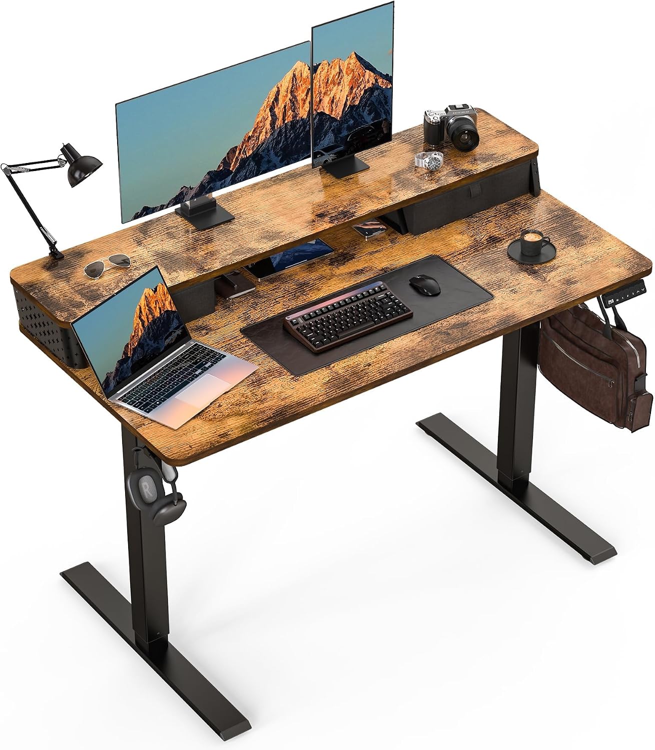 Electric Standing Desk with Two Drawers,48 x 24 Inch Sit Stand Desk Adjustable Height, Stand Up Desk with Storage Shelf, Computer Workstation for Home Office, Rustic Brown