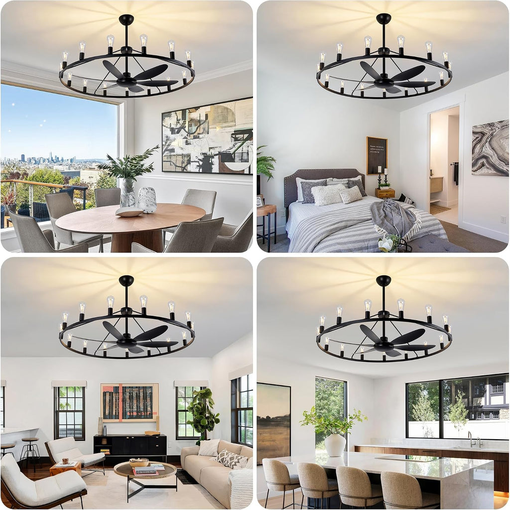 Miuyhji Rustic Ceiling Fan with Lights Wagon Wheel Style,Dining Room Light Fixture with Fan,15 Light Chandelier Fans,50 in Matte Black Farmhouse Fandelier for Large Space 100-300 Sqare Feet
