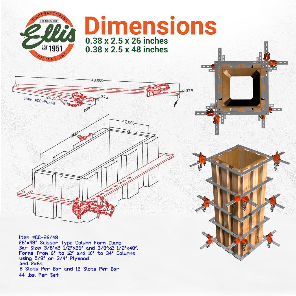 Ellis Manufacturing Company Scissor Column Forming Clamps - Clamp Set for Carpentry & Construction - Net Concrete 6' - 12' & 10' - 24' - Bar Size 3/8' x 2' x 26' & 3/8' x 2' x 48'