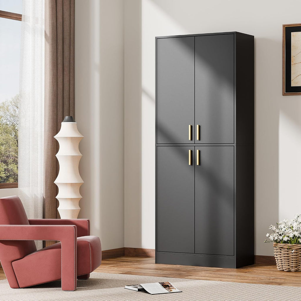Cozy Castle Kitchen Pantry Cabinet, 71' Tall Wood Storage Cabinet with Doors and Shelves 4 Doors Freestanding Cupboard for Dining Room Living Room Furniture, Black | Wood Storage Cabinet
