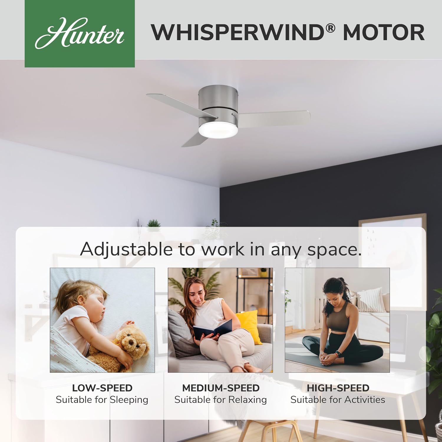 Hunter 44 inch Indoor Ceiling Fan with Light and Remote Control - For Bedroom or Living Room, Low Profile Flush Mount, Modern Ceiling Fan with LED Light, Quiet, 3 Blades- Minimus 59454, Brushed Nickel