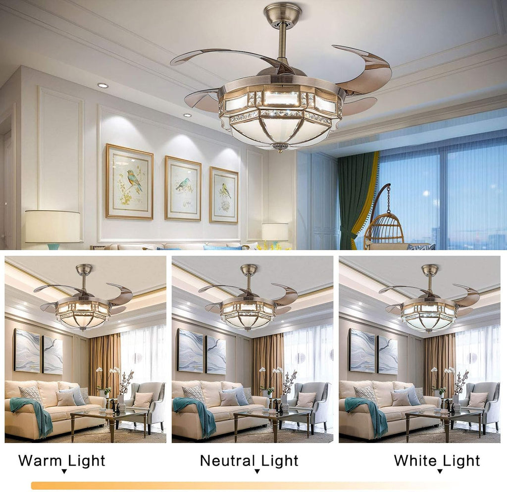 TFCFL 42 Inch Vintage Ceiling Fan Light, Tiffany Style Dimmable Chandelier Fan with Controller 3-Color Lighting 3-Speed Retractable Blades for Bedroom Living Room (Gold)