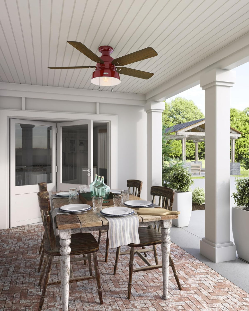 Hunter 52 inch Outdoor or Indoor Ceiling Fan with LED Light - Rustic Ceiling Fan with Pull Chain, For Bedroom, Living Room, or Patio, Low Profile Mount, No Remote - Mill Valley 59312, Barn Red