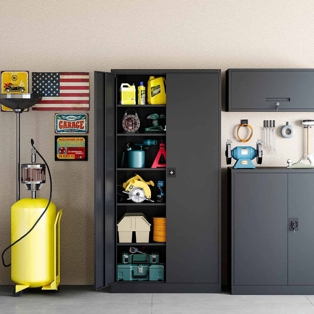 RAVIGIN Metal Garage Storage Cabinet with Lock, 71' Locking Tool Cabinet with 2 Doors and 5 Adjustable Shelves, Tall Steel Cabinet Garage for Home,Office,Warehouse，School (Black)