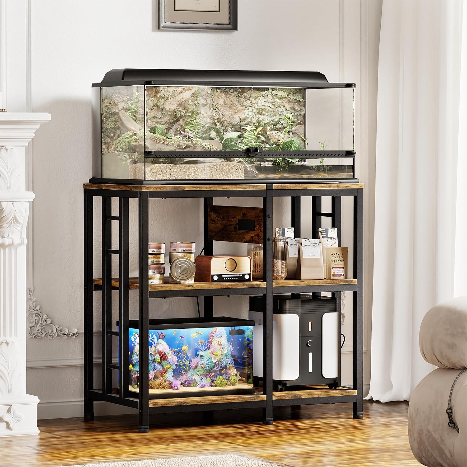 20-29 Gallon Fish Tank Stand with Power Strip, 3-Tier Metal Aquarium Stand, 31.5' L x 16.5' W for 20 Gallon Long Aquarium, 400 lbs Capacity, Retro Brown