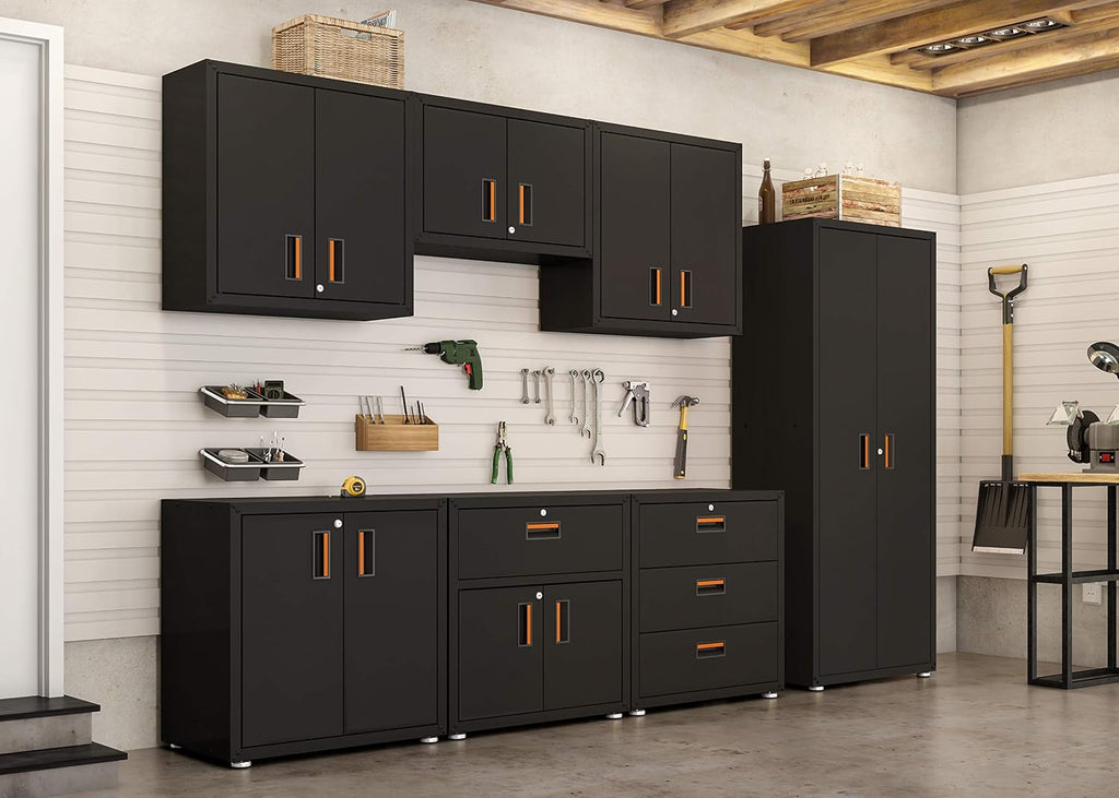 Ready-to-Assemble Floating Garage Storage Cabinet - Wall Mount Garage Cabinet w/Lockable 2 Doors, 44 lbs Shelf Capacity, Removable Shelf, Small Steel Metal Cabinet(Black)