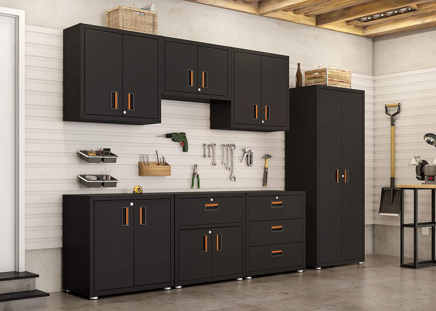 Ready-to-Assemble Floating Garage Storage Cabinet - Wall Mount Garage Cabinet w/Lockable 2 Doors, 44 lbs Shelf Capacity, Removable Shelf, Small Steel Metal Cabinet(Black)