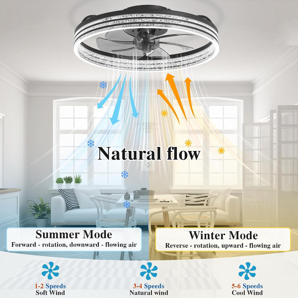 Smart Ceiling Fans with Lights Remote - WiFi Alexa 20'' Flush Mount Low Profile Modern Ceiling Fans for Bedroom -Stepless Color Temperature and 6 Speeds - Crystal Stripe