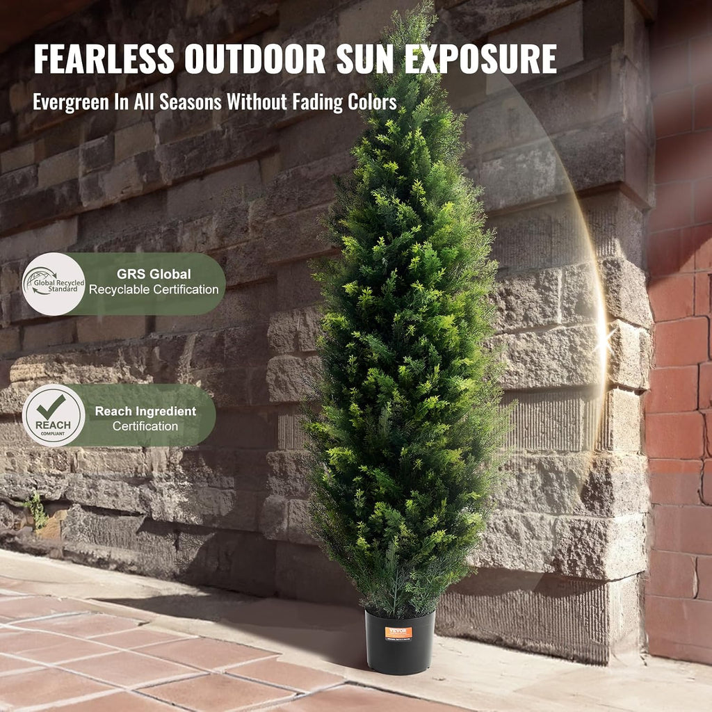 VEVOR Artificial Topiary Cedar Tree, 60 inch Tall (2 Pieces), with Extra Leaves & Pot Faux Evergreen Fake Pine Cypress Trees Plant, UV Rated Artificial Greenery Set for Home Decor Indoor/Outdoor