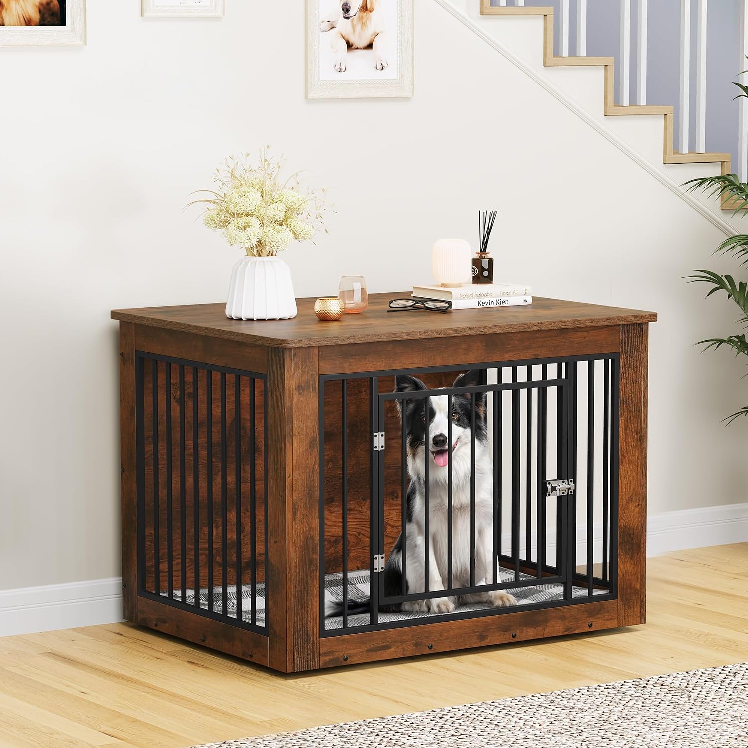 YITAHOME Dog Crate Furniture for Large Dogs, Side End Table, Modern Dogs Kennel Indoor up to 60 lb, 2-in-1 Iron-Wood Fusion Dog Cage with Waterproof Top, Safety Corners, Steel Lock,38'L, Rustic Brown