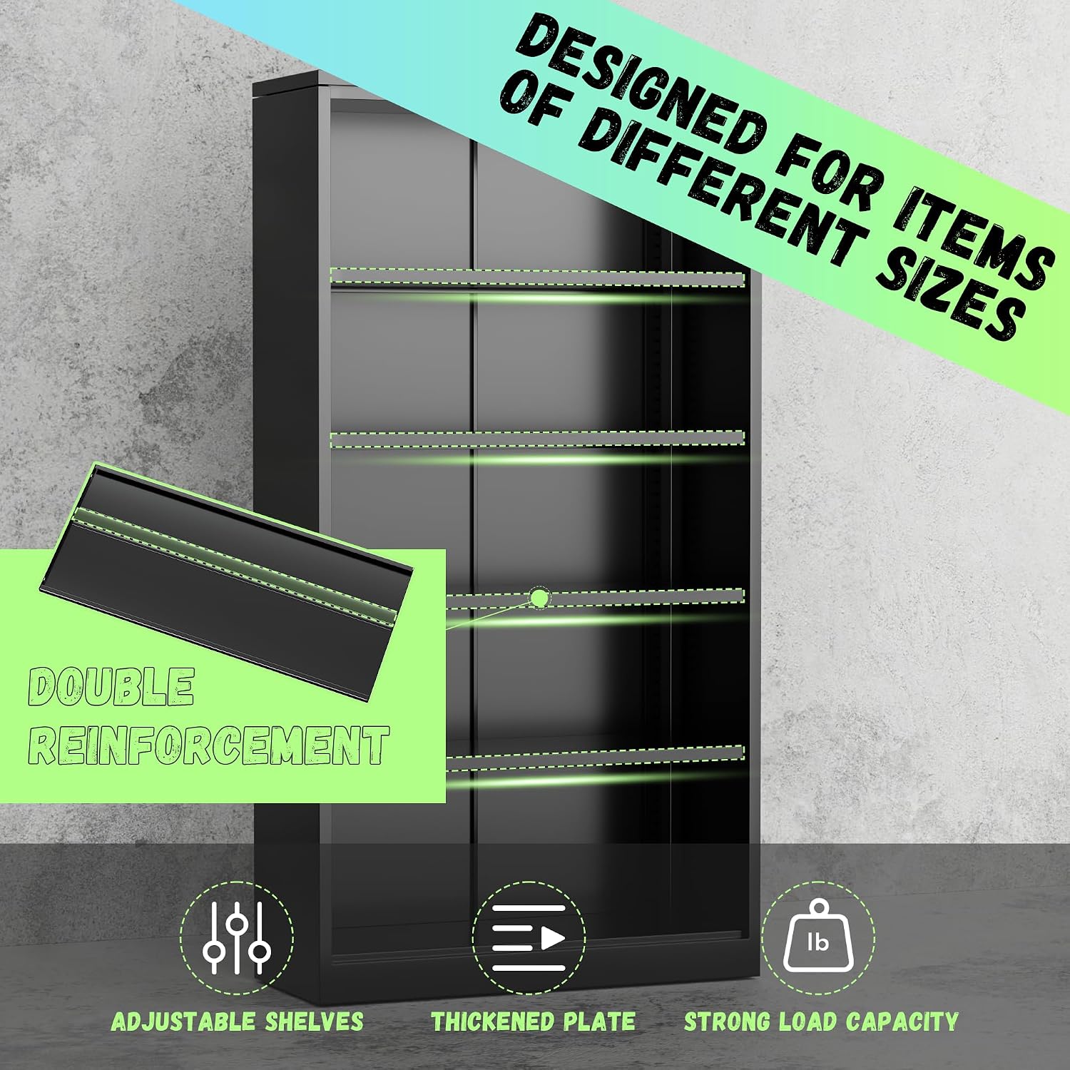 SUNCROWN 72' Metal Storage Cabinet - Heavy-Duty Metal Garage Cabinet with 4 Adjustable Shelves & 2 Doors for Tools, Office, Home, Workshop,Black & Green