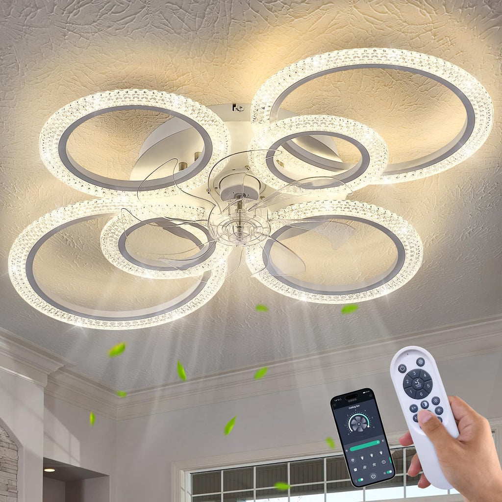 Yfrest Ceiling Fan with Light and Remote, White Low Profile Ceiling Fans with Lights, Flush Mount Ceiling Fan with 3 Light Color 6 Speeds, 35Inch Fandelier Ceiling Fan for Kitchen Living Room 6-Ring