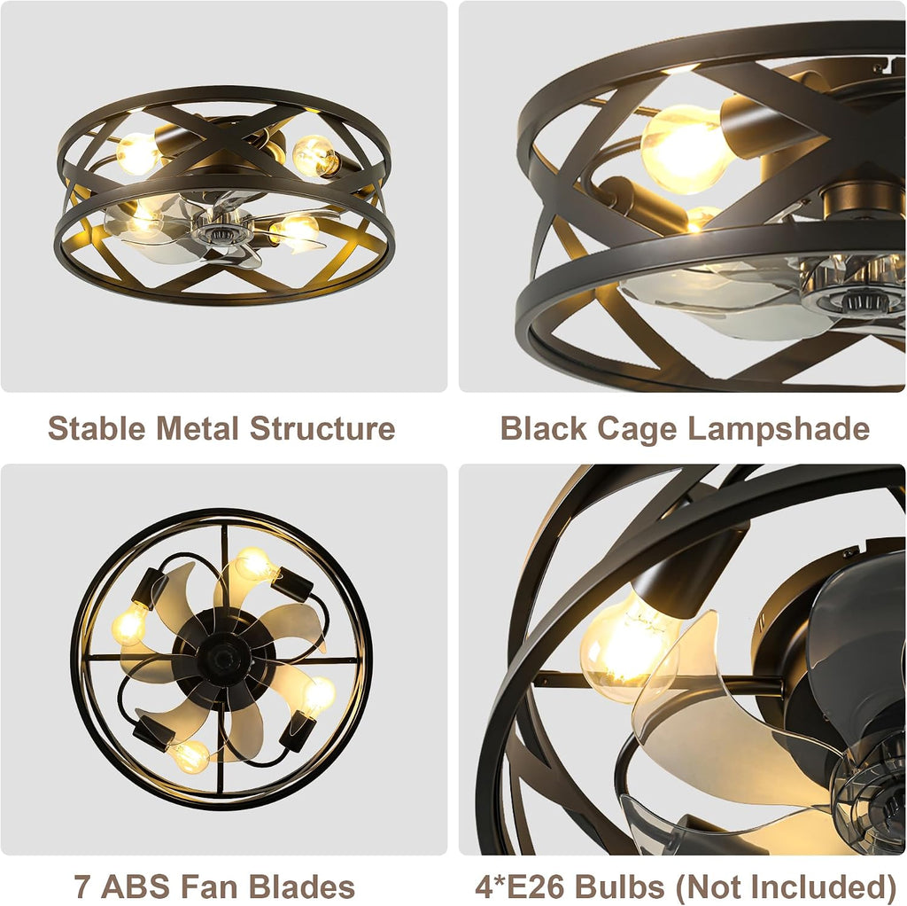 20'' Black Caged Ceiling Fan with Lights and Remote, Flush Mount Fandalier Ceiling Fan Low Profile Industrial Chandelier for Bedroom Kitchen, Bladeless with 4 Lights, Reversible 6 Speeds