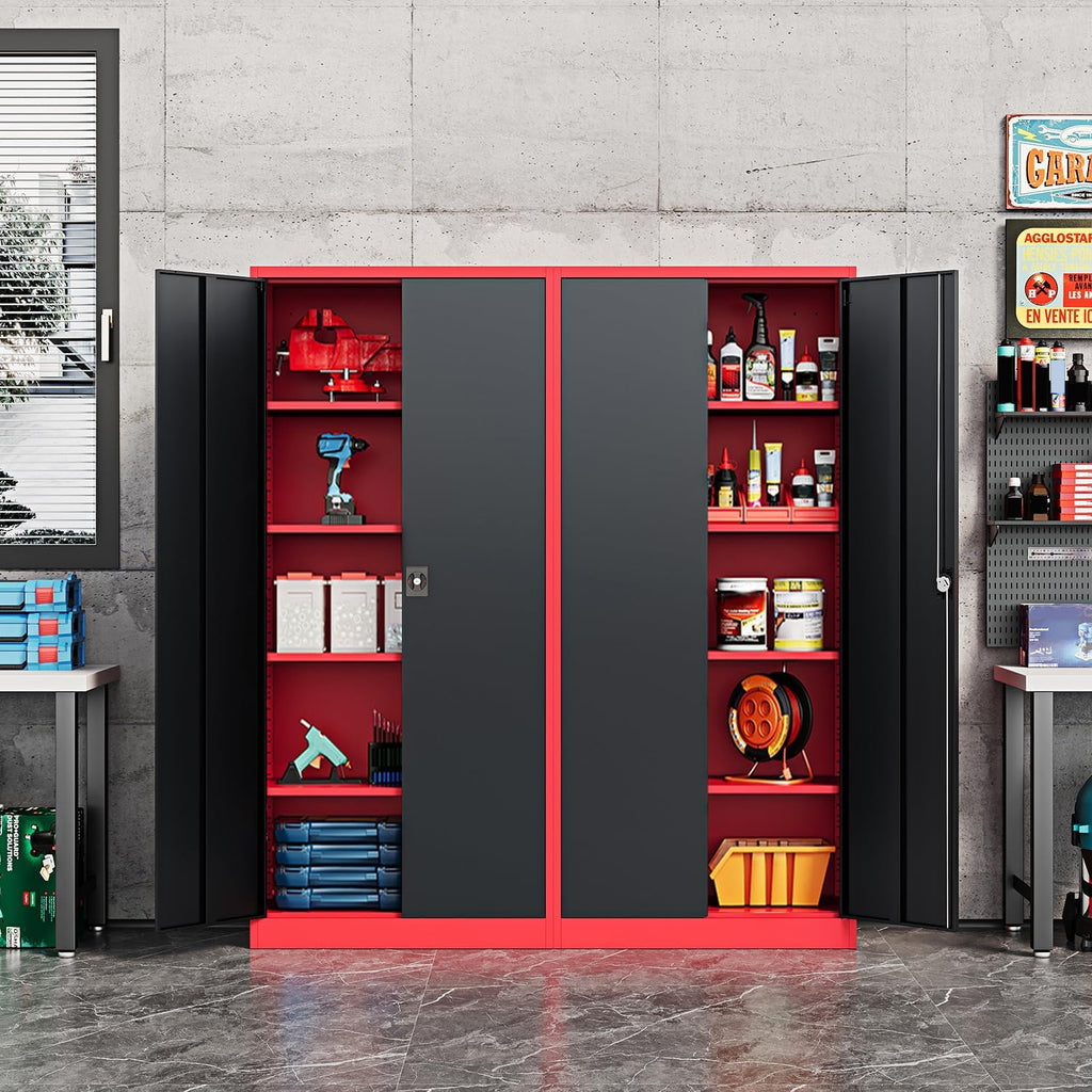Fesbos Metal Storage Cabinet-72' Tall Steel File Cabinets with Lockable Doors and Adjustable Shelves-Black&Red Steel Storage Cabinet for Kitchen, Office, Garage