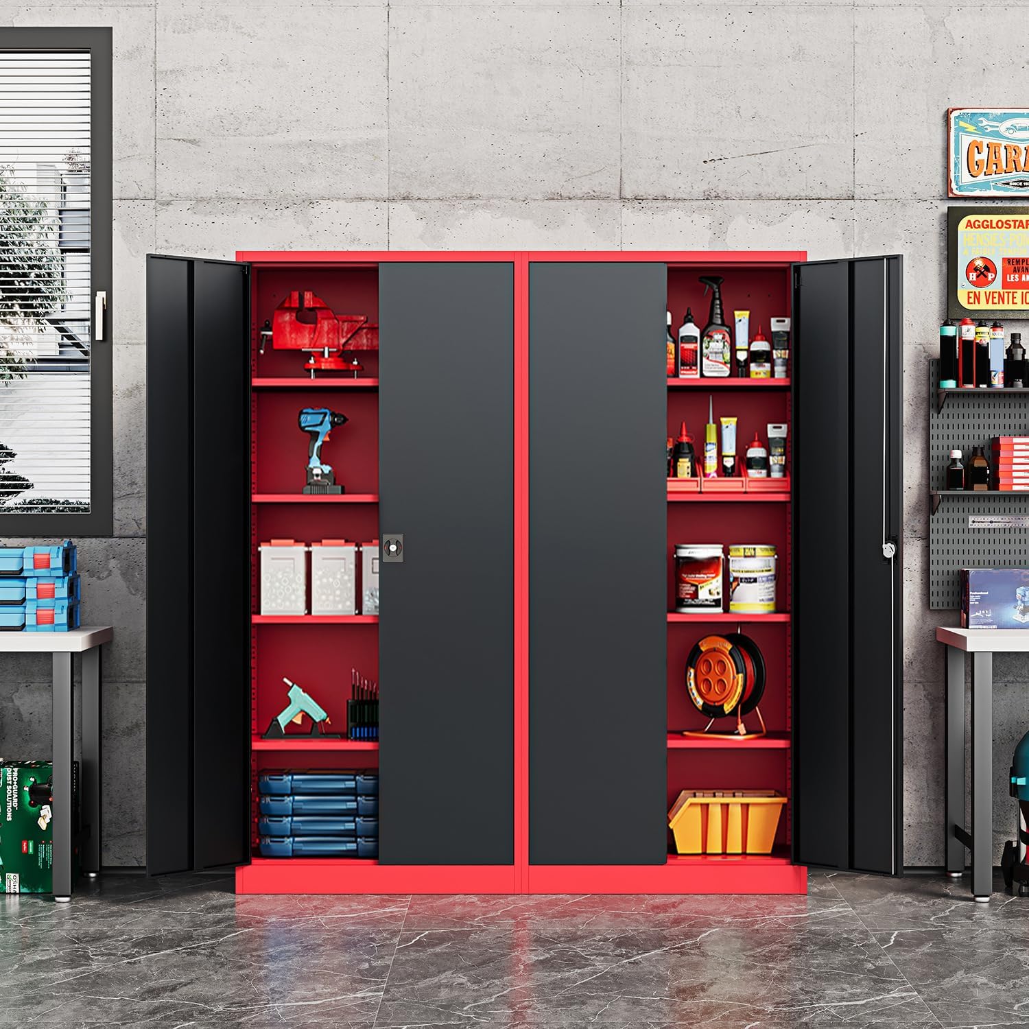 Fesbos Metal Storage Cabinet-72' Tall Steel File Cabinets with Lockable Doors and Adjustable Shelves-Black&Red Steel Storage Cabinet for Kitchen, Office, Garage