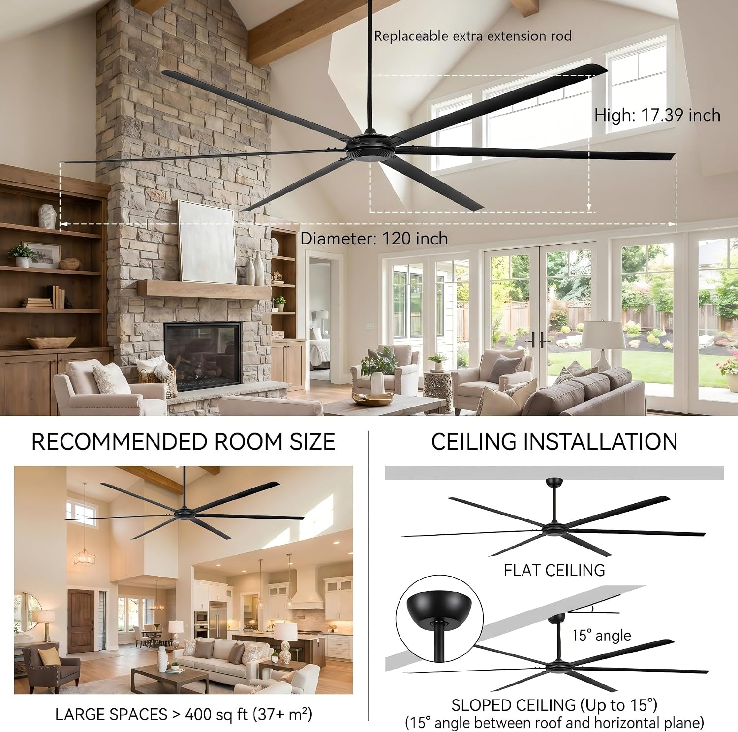 120 Inch Ceiling Fans without Lights Big Industrial Black Ceiling Fan for Shop Garage Gym, 6-Speed Reversible DC Motor Outdoor Ceiling Fans for Patios, Commercial Fan with Remote, 6 Aluminum Blades