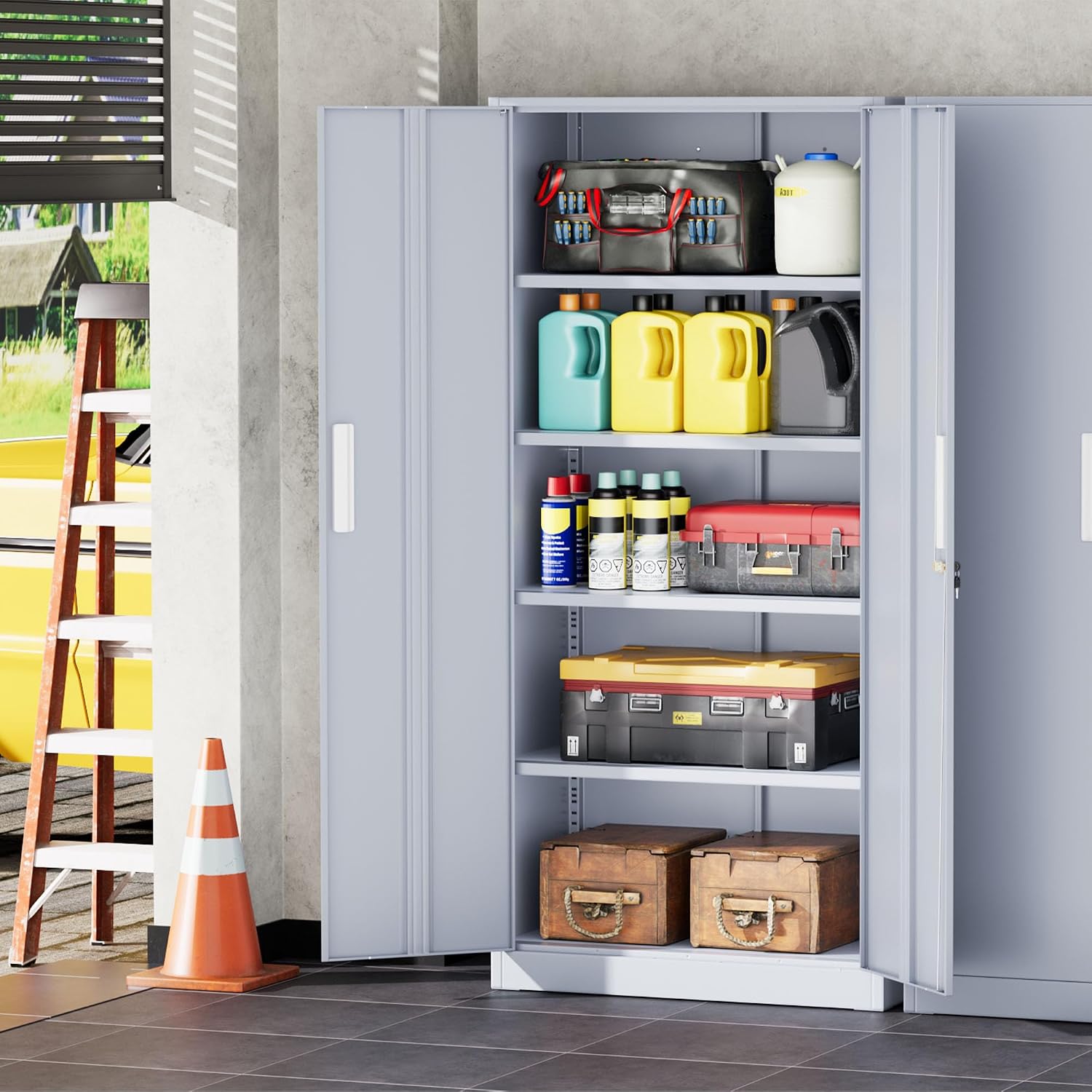 INTERGREAT Garage Storage Cabinet with Lock, 72' Metal Storage Cabinet with Locking Doors and 4 Adjustable Shelves, Lockable Tool Steel Cabinet for Home Office, School, Cement Grey