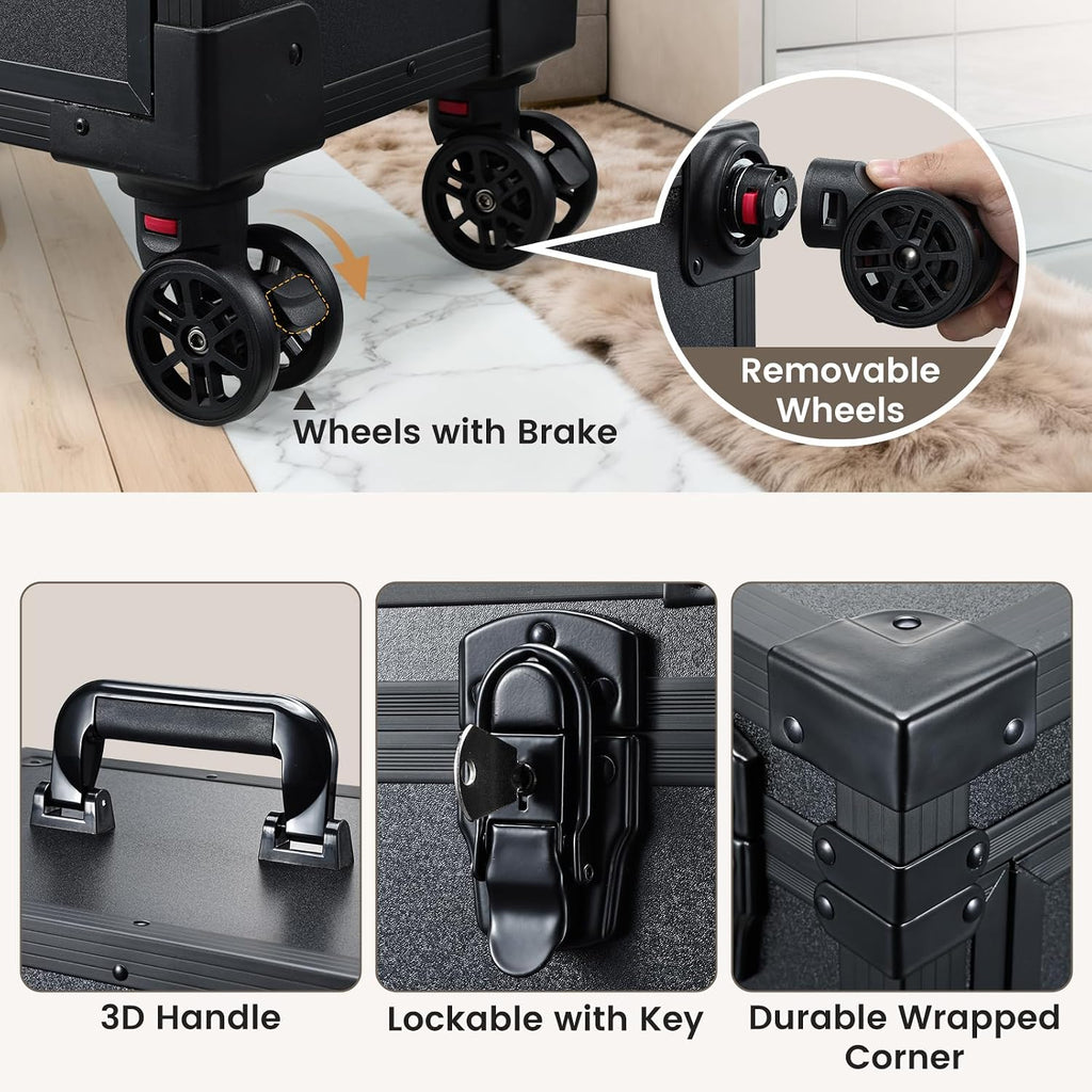 Rolling Makeup Case with LED mirror, Cosmetology Case on Wheels with Lighted Mirror, Professional Salon Trolley Cart with 3 Drawers,Travel Makeup Lockable Beauty Organizer with Live Stream Light