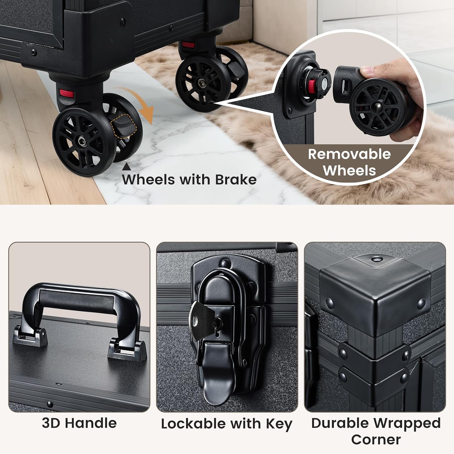 Rolling Makeup Case with LED mirror, Cosmetology Case on Wheels with Lighted Mirror, Professional Salon Trolley Cart with 3 Drawers,Travel Makeup Lockable Beauty Organizer with Live Stream Light