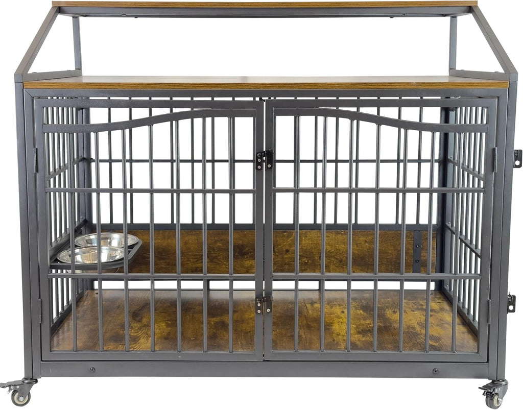 48 Inch Dog Crate Furniture, XXL Kennel Cage Rustic Wooden Pet House End Table Dog Home for Large Dogs with 2 Stainless Steel Bowls Indoor Use 48' L x 30' W x 40' H