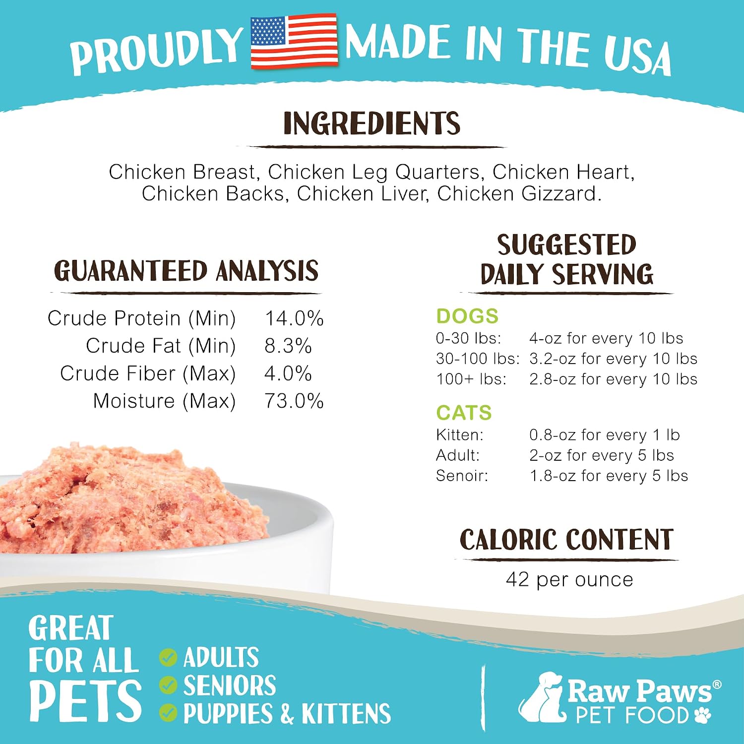Raw Paws Signature Blend Pet Food for Dog & Cats - Chicken Recipe, 1-lb Rolls (20 Pack) - Fresh Made in USA, Natural Raw Diet Dog Food, Raw Frozen Dog & Cat Food - Meat Roll Dog Food Log