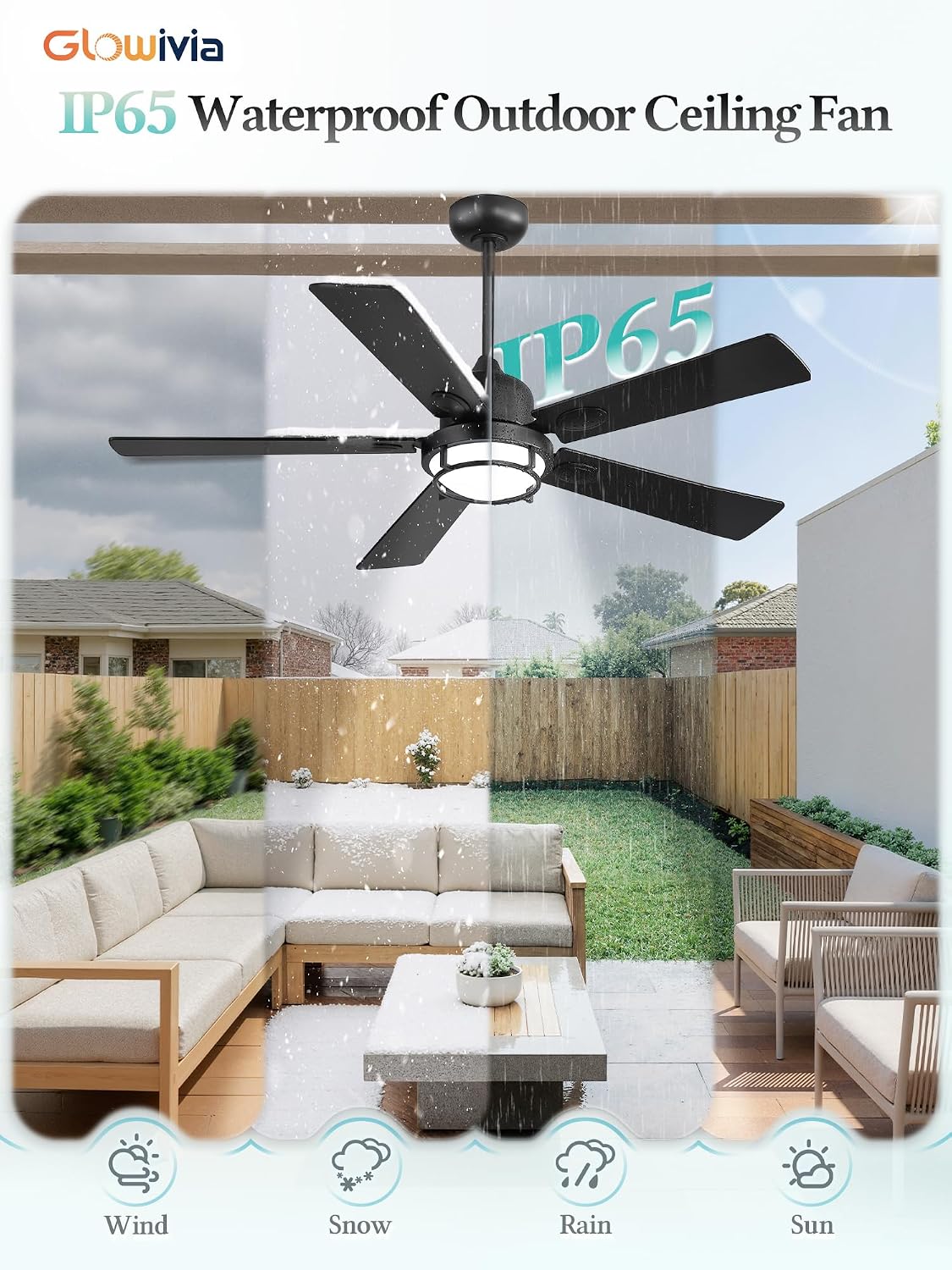 52' Outdoor Ceiling Fans with Lights, Gazebo Hanging Fan with 3CCT Remote Control 6-Speeds DC Motor,IP65 Waterproof Ceiling Fan for Patio Porch Pergola(Black)