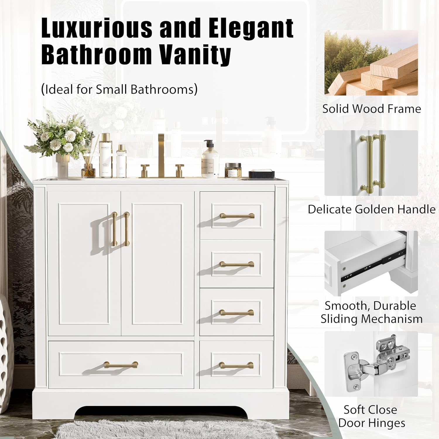 LUMISOL 36'' Bathroom Vanity with Ceramic Sink, Freestanding Vanity with Single Sink, Modern Bathroom Storage Cabinet with Soft Close Doors & Drawers for Guest Bath, Master Suite, Rental, White