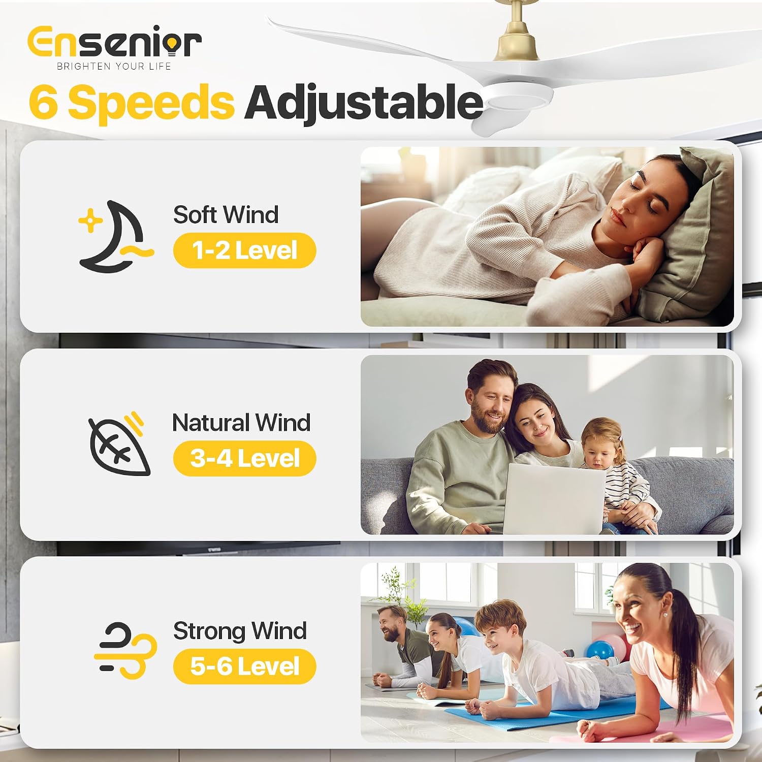 Ensenior Ceiling Fan with Light White and Gold, 52 Inch Ceiling Fans with Lights and Remote, 3 ABS Blades, Quiet Reversible DC Motor, 6-Speed, Dimmable 3CCT LED with Memory, Modern Fan for Living Room