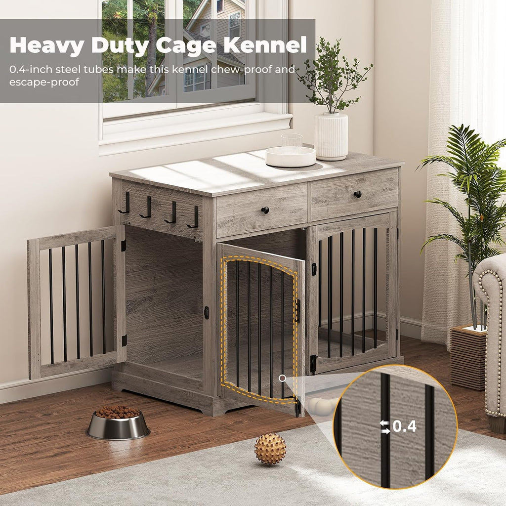 40 Inch Dog Crate Furniture, Wooden Dog Kennel Furniture, Heavy-Duty Dog Crate End Table with Storage Drawers, Double Doors Decorative Pet Cage House Indoor for Medium Large Dog, Gray