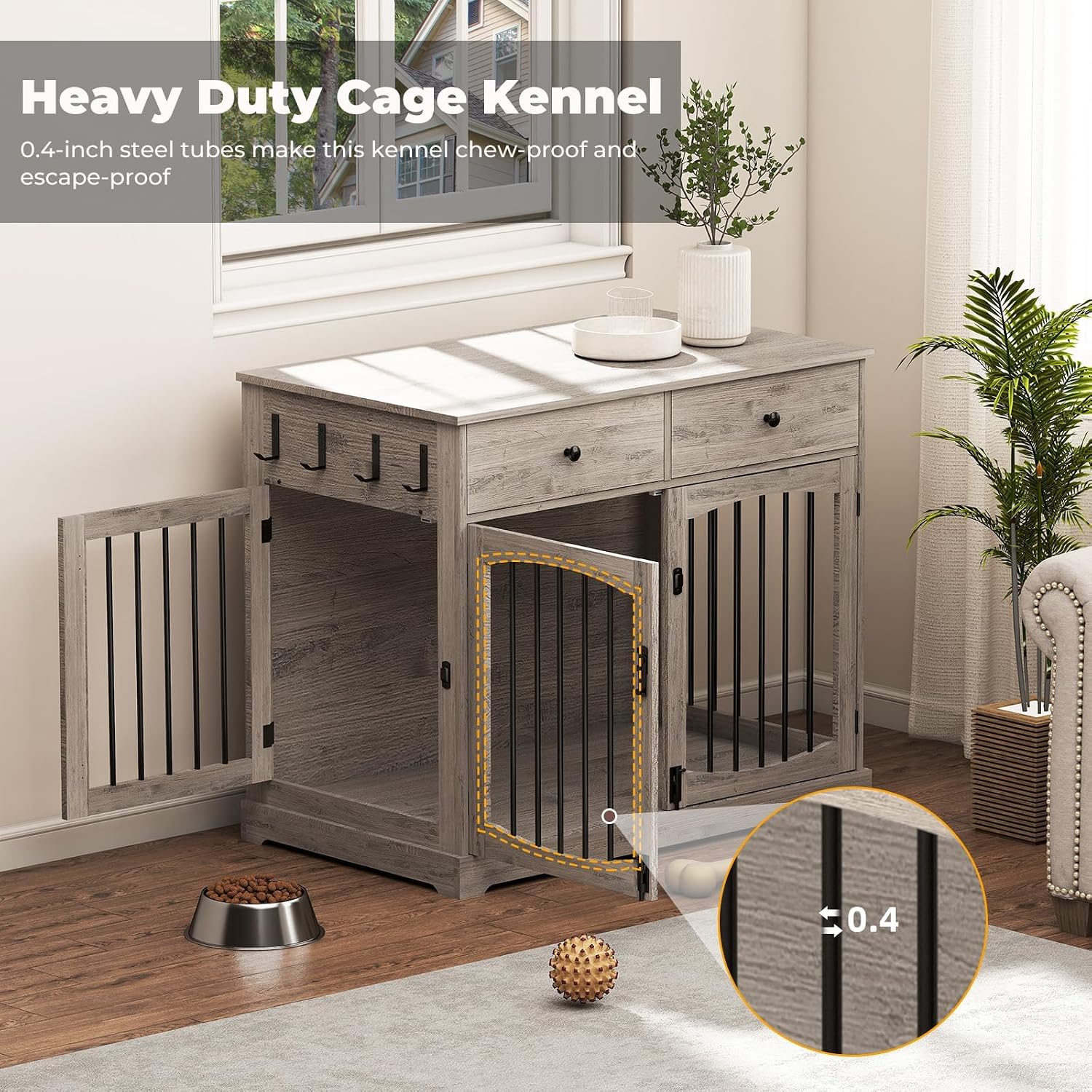 40 Inch Dog Crate Furniture, Wooden Dog Kennel Furniture, Heavy-Duty Dog Crate End Table with Storage Drawers, Double Doors Decorative Pet Cage House Indoor for Medium Large Dog, Gray