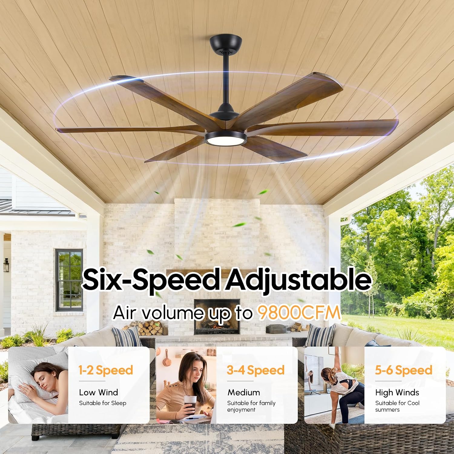 72 Inch Outdoor Ceiling Fan with Light for Patio, Smart Alexa/APP/Remote Control, 6 Brown Wood Blades Damp Rated, Large Airflow Quiet Reversible DC Motor, for Indoor Covered Exterior Farmhouse Bedroom