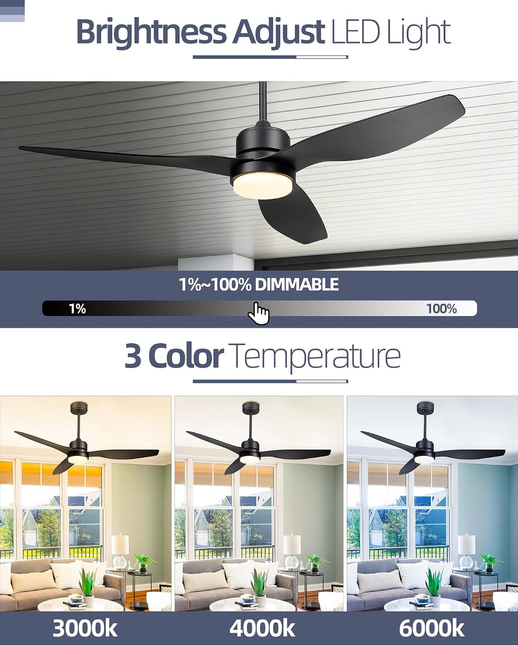YOUKAIN Ceiling Fans with Lights, 52 Inch Smart Ceiling Fan Remote & APP Control, Reversible Blades, Matte Black, Indoor/Outdoor Modern Ceiling Fans for Living room, Bedroom, 52-YJ359-BK-SM