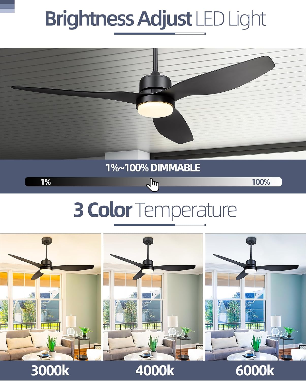 YOUKAIN Ceiling Fans with Lights, 52 Inch Smart Ceiling Fan Remote & APP Control, Reversible Blades, Matte Black, Indoor/Outdoor Modern Ceiling Fans for Living room, Bedroom, 52-YJ359-BK-SM