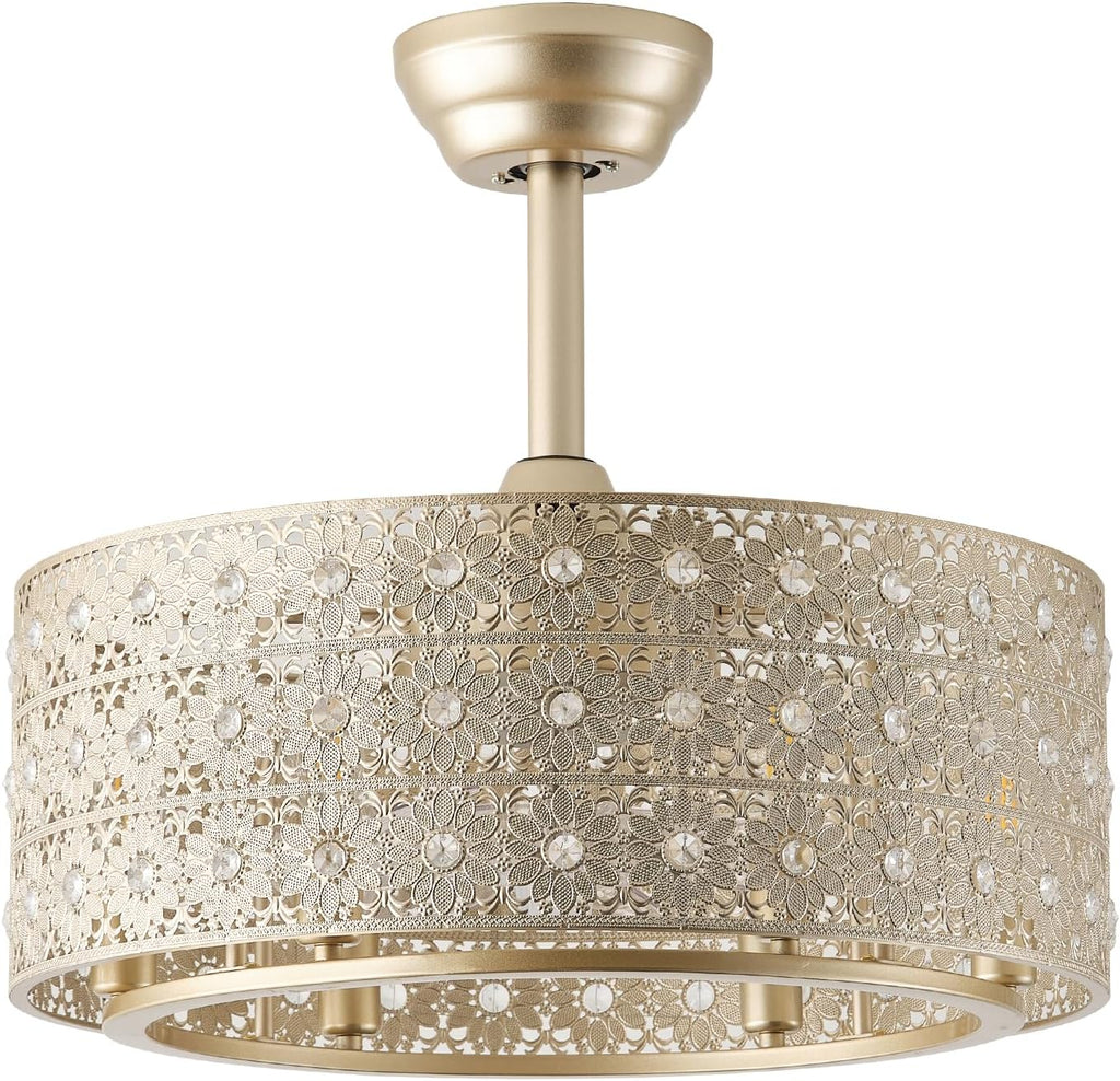 20' Gold Fandelier Crystal Ceiling Fans with Lights, Cage Gold Chandelier Ceiling Fan with Light Remote Control, 6-Speed for Bedroom, Nursery, Foyer, Living Room