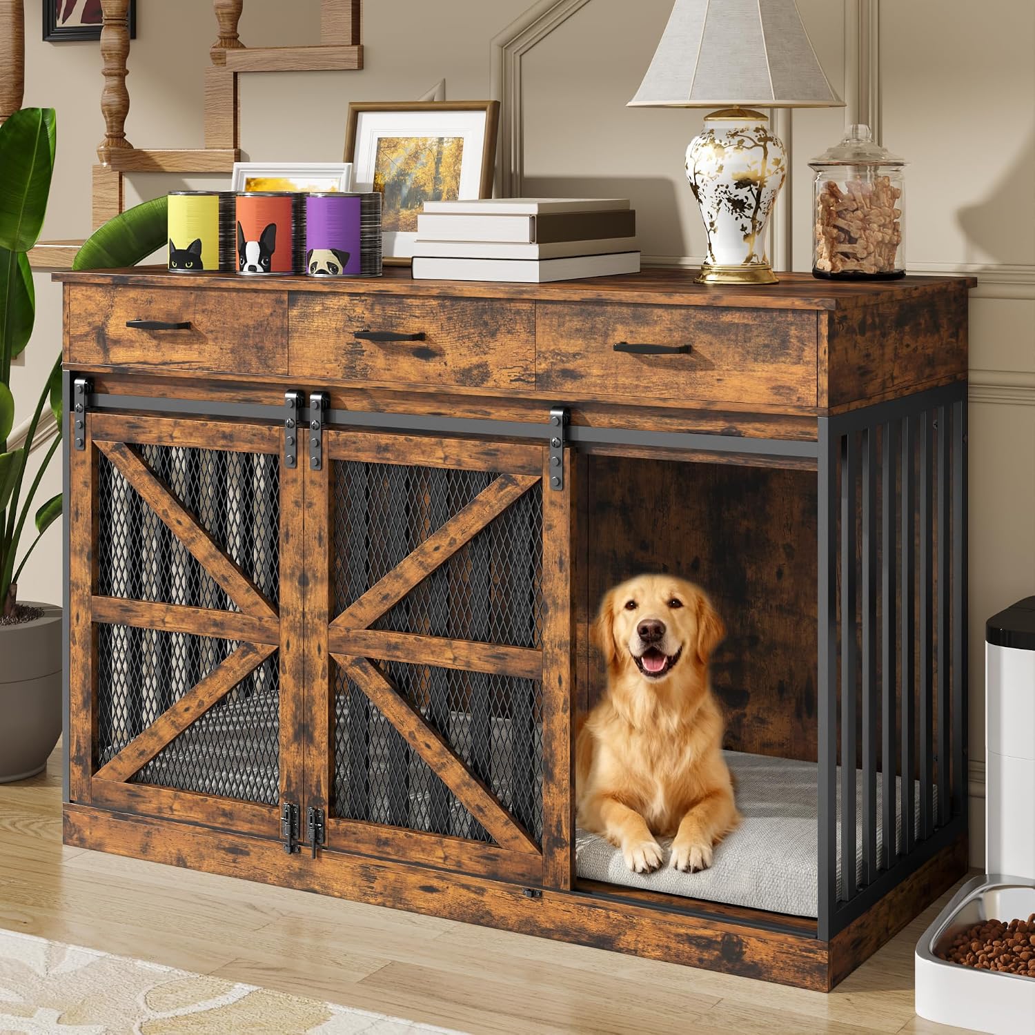 kepptory 48 Inch Large Dog Crate Furniture with 3 Storage Drawers, Wooden Pet Kennel with Removable Divider, Dog Kennel End Table TV Stand, Farmhouse Style Dog Crates with Sliding Barn Door (Brown)