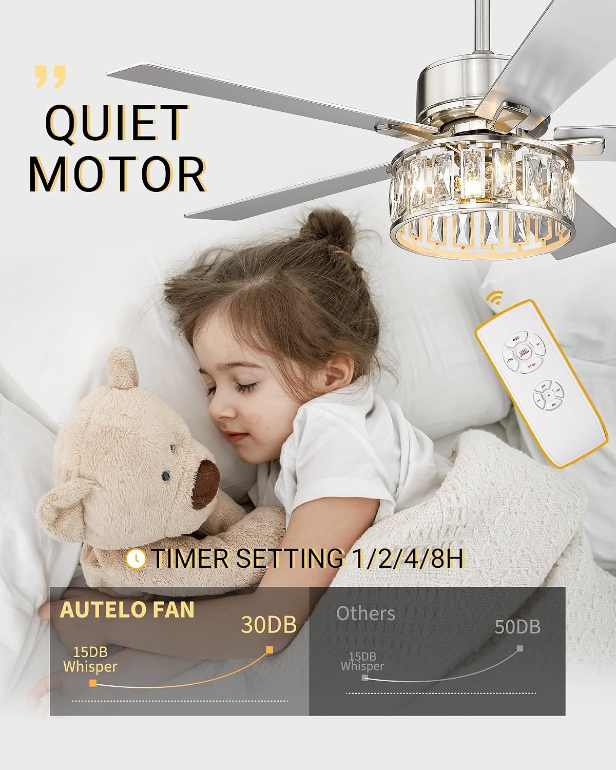 AUTELO Ceiling Fans with Lights - 52 Inch Ceiling Fans with Lights and Remote Control, Modern Crystal Ceiling Fan with 5 Reversible Blades in Nickel and Wooden Grey Finish for Living Room, F9327 ST