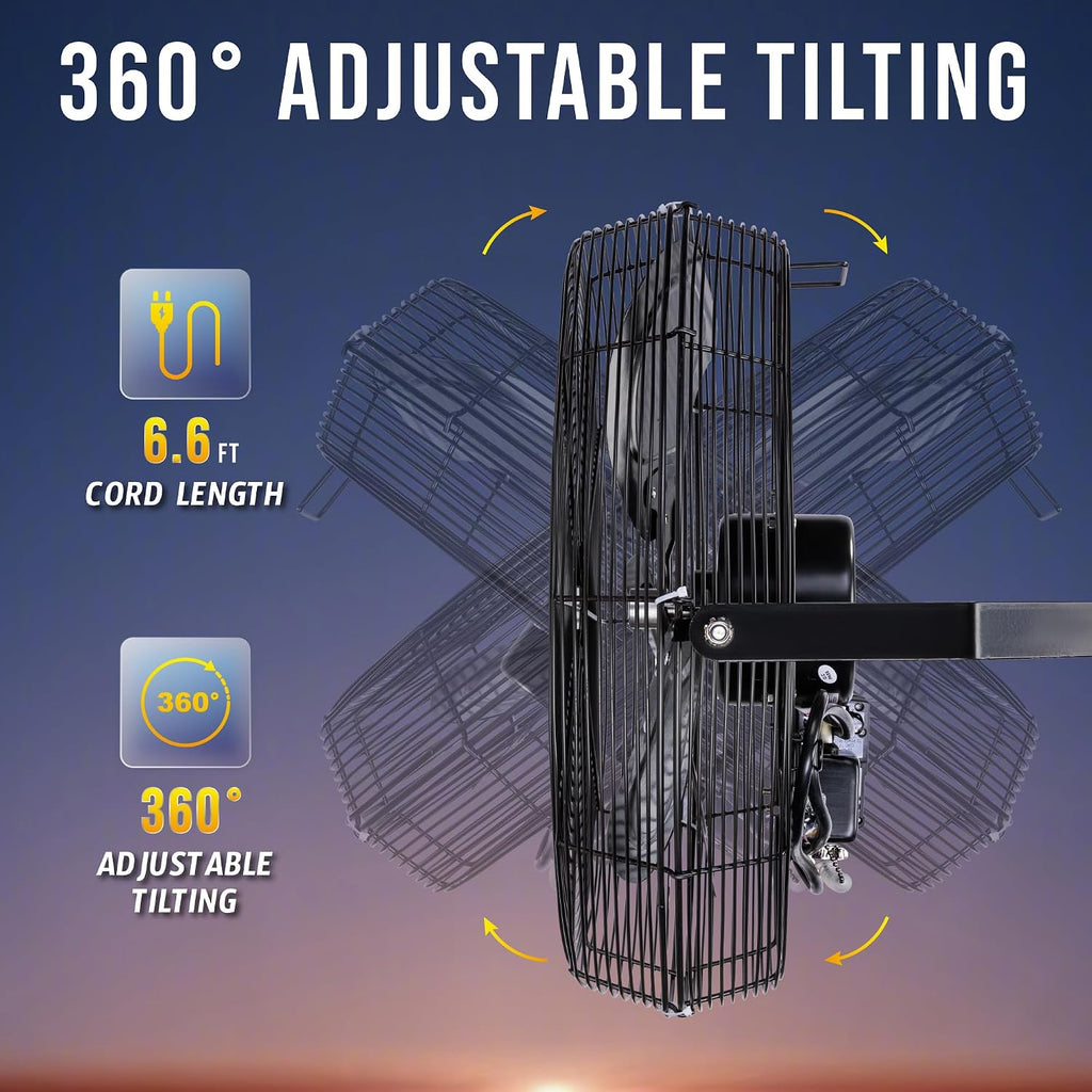 Tornado 18' Outdoor IPX4 Rated Water-Resistant Metal Industrial Wall Mount Fan, 3 Speed High Velocity Wall Fan For Commercial, Industrial, Residential Use, 4150 CFM 6.6 FT Cord 180°Tilting, Black