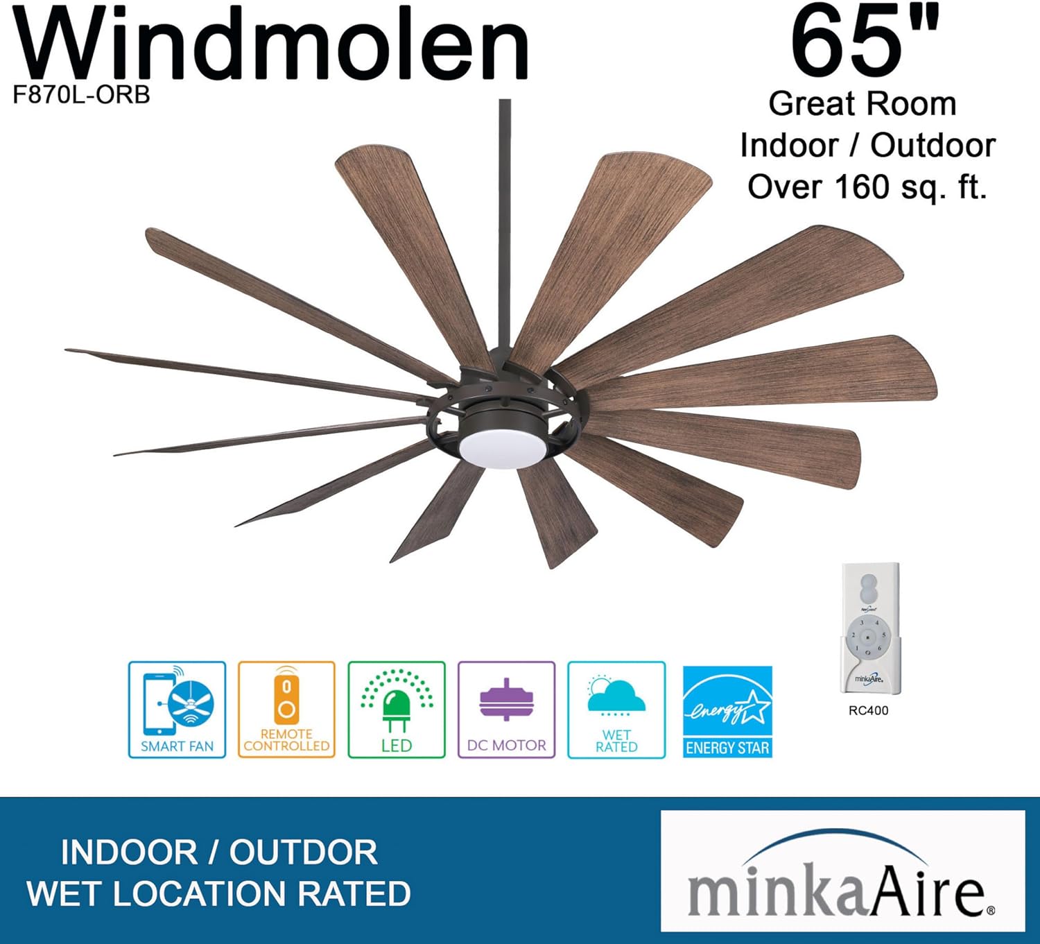 Minka-Aire F870L-ORB 65' Windmolen Outdoor Smart Ceiling Fan with LED Light and Remote Control, Oil Rubbed Bronze